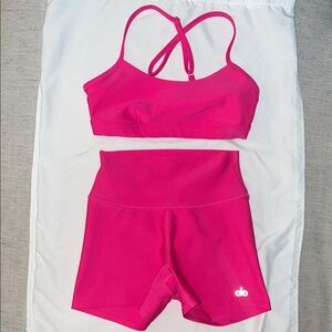 ALO Yoga Airlift Intrigue Bra and 3” High-Waist Airlift Shorts Neon Pink Set